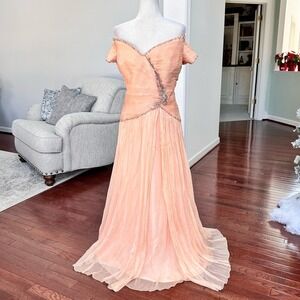 Montage by Mon Cheri Peach Off The Shoulder Embellished Beaded Gown Dress